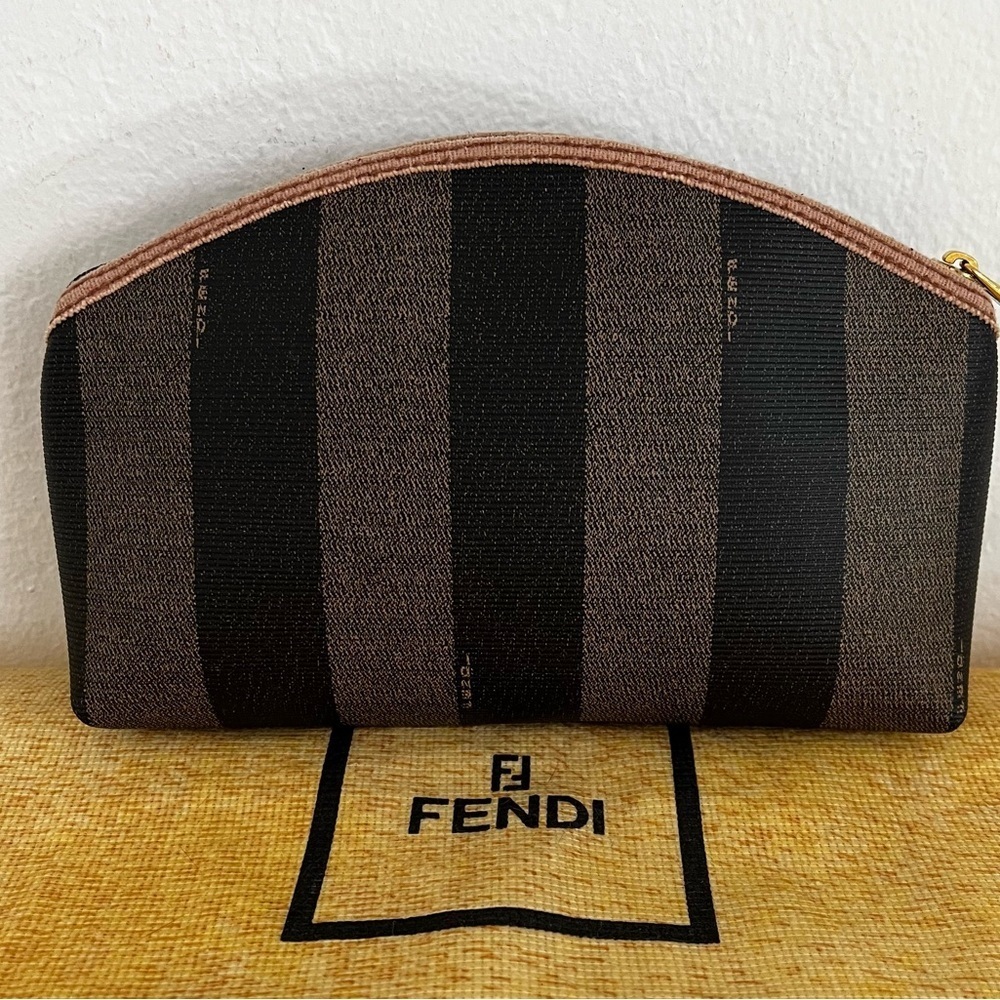 FENDI Pecan Striped Canvas Pouch Black Brown Gold COA 1980s Italy - Picture 3 of 17